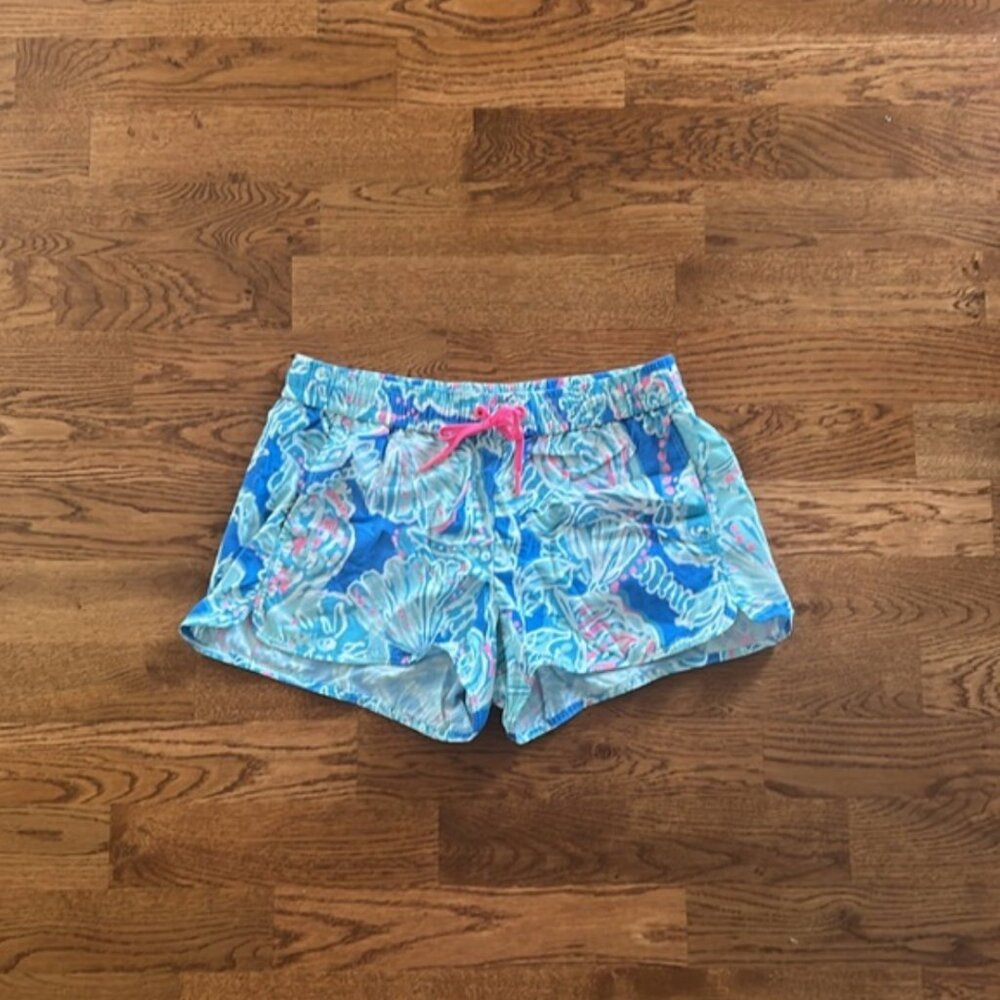 Lilly Pulitzer Board Shorts Pull On Pink Aqua Blue Surf Swim Beach XS Luxletic